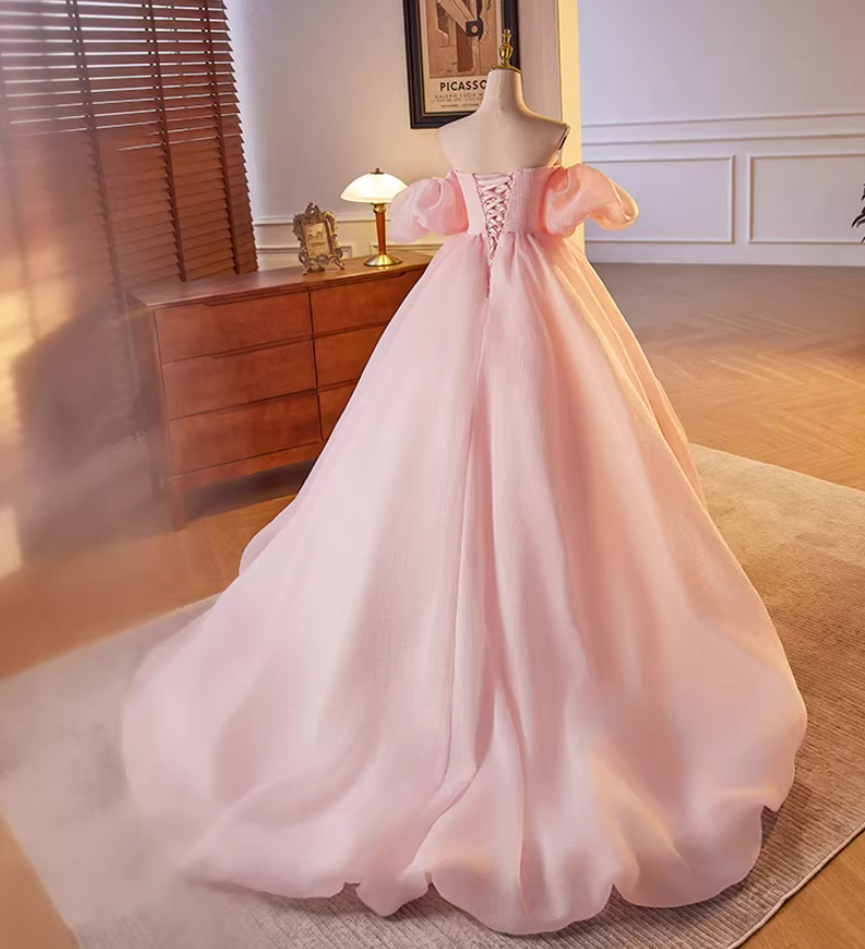 Stylish A-Line Off-Shoulder Pink Evening Dresses Handmade Flowers Prom Dress AP5636