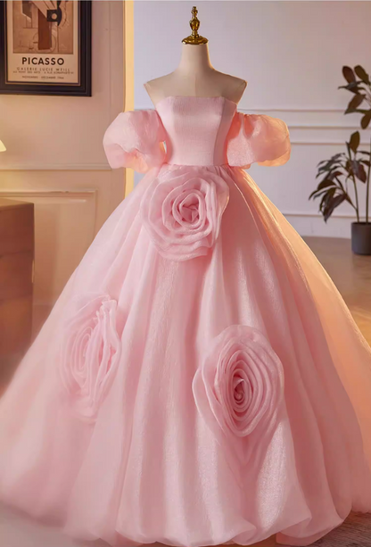 Stylish A-Line Off-Shoulder Pink Evening Dresses Handmade Flowers Prom Dress AP5636