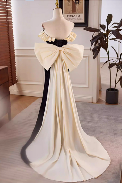 Fitted Strapless Black Long Evening Mermaid Dress Bow Train Ruffles Prom Dress AP5637