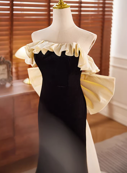 Fitted Strapless Black Long Evening Mermaid Dress Bow Train Ruffles Prom Dress AP5637