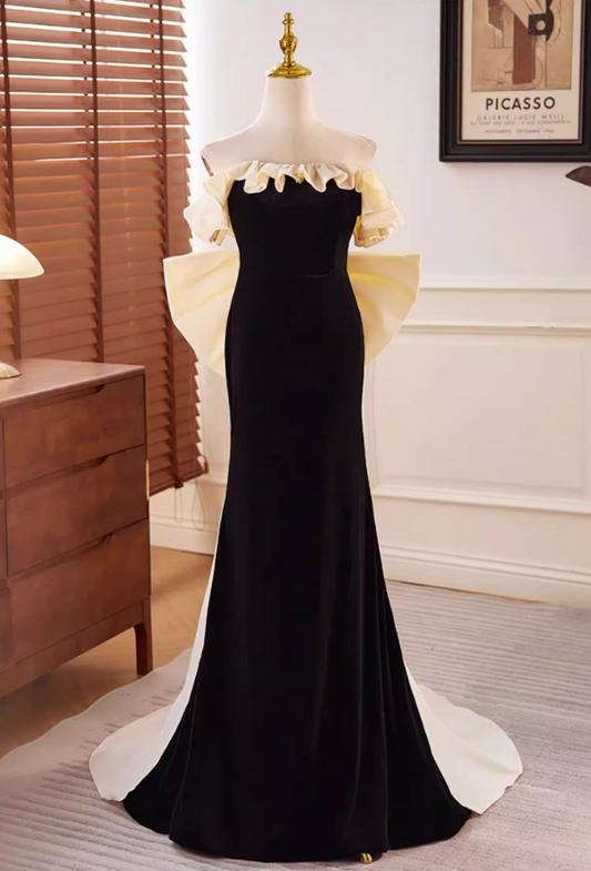 Fitted Strapless Black Long Evening Mermaid Dress Bow Train Ruffles Prom Dress AP5637