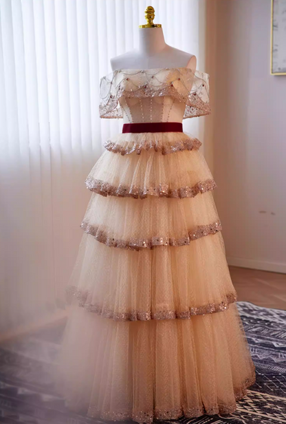 Flattering A-Line Off-Shoulder Tiered Tulle Evening Gowns Sequins Beading Crystals Prom Dress AP5638