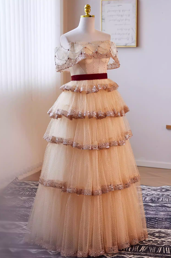 Flattering A-Line Off-Shoulder Tiered Tulle Evening Gowns Sequins Beading Crystals Prom Dress AP5638