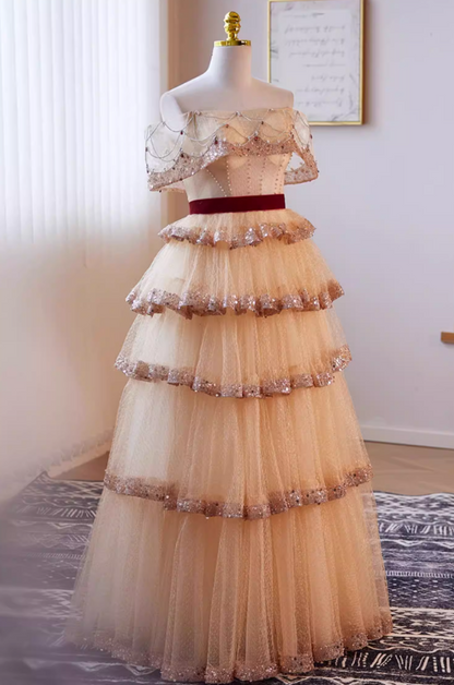 Flattering A-Line Off-Shoulder Tiered Tulle Evening Gowns Sequins Beading Crystals Prom Dress AP5638