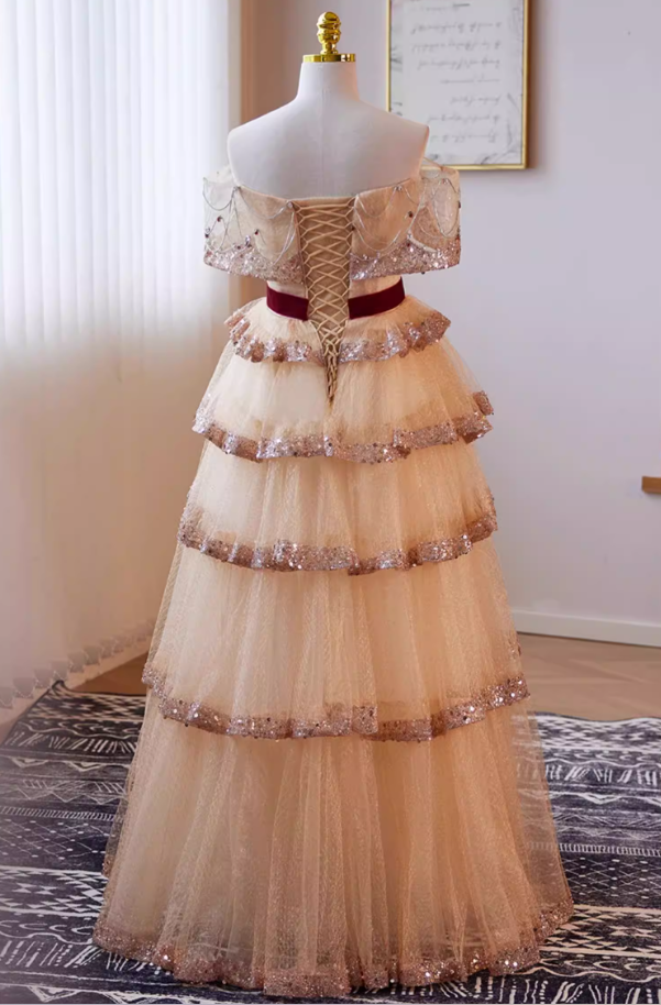 Flattering A-Line Off-Shoulder Tiered Tulle Evening Gowns Sequins Beading Crystals Prom Dress AP5638