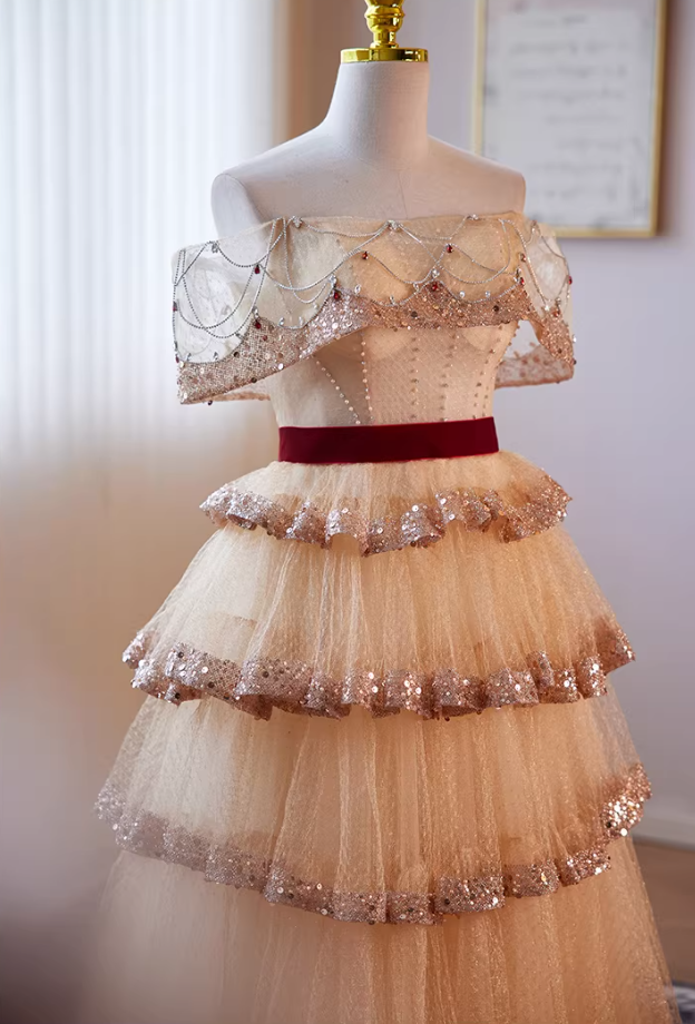 Flattering A-Line Off-Shoulder Tiered Tulle Evening Gowns Sequins Beading Crystals Prom Dress AP5638