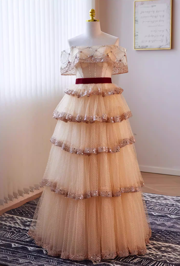 Flattering A-Line Off-Shoulder Tiered Tulle Evening Gowns Sequins Beading Crystals Prom Dress AP5638