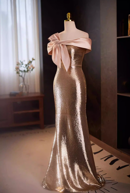 Trendy Off-Shoulder Mermaid Sweet 16th Dresses Bow Sequins Prom Dress AP5640