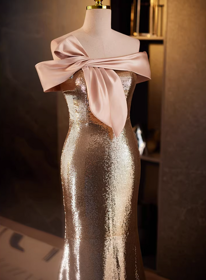 Trendy Off-Shoulder Mermaid Sweet 16th Dresses Bow Sequins Prom Dress AP5640