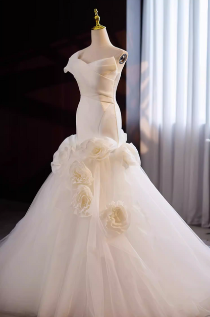 Attractive Strapless Mermaid Bridal Gowns Handmade Flowers Layered Tulle Wedding Dress AP5641