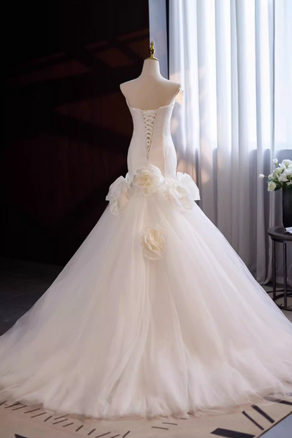 Attractive Strapless Mermaid Bridal Gowns Handmade Flowers Layered Tulle Wedding Dress AP5641