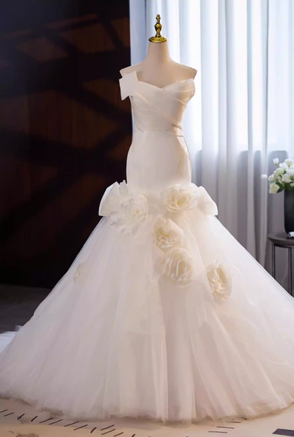 Attractive Strapless Mermaid Bridal Gowns Handmade Flowers Layered Tulle Wedding Dress AP5641