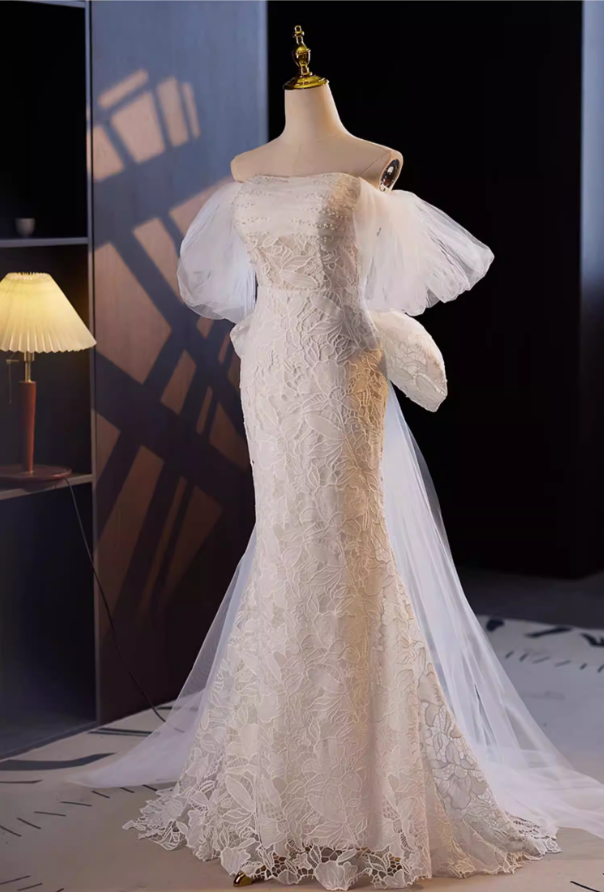 Modern Tulle Off-Shoulder Mermaid Bridal Gowns Bow Lace Beading Wedding Dress AP5643