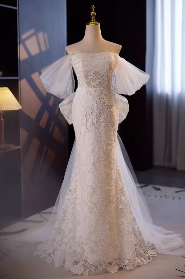 Modern Tulle Off-Shoulder Mermaid Bridal Gowns Bow Lace Beading Wedding Dress AP5643