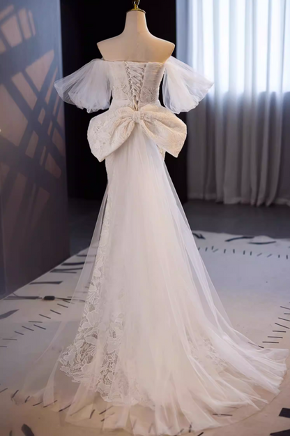 Modern Tulle Off-Shoulder Mermaid Bridal Gowns Bow Lace Beading Wedding Dress AP5643