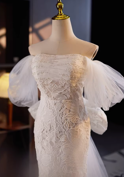 Modern Tulle Off-Shoulder Mermaid Bridal Gowns Bow Lace Beading Wedding Dress AP5643