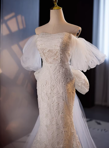 Modern Tulle Off-Shoulder Mermaid Bridal Gowns Bow Lace Beading Wedding Dress AP5643