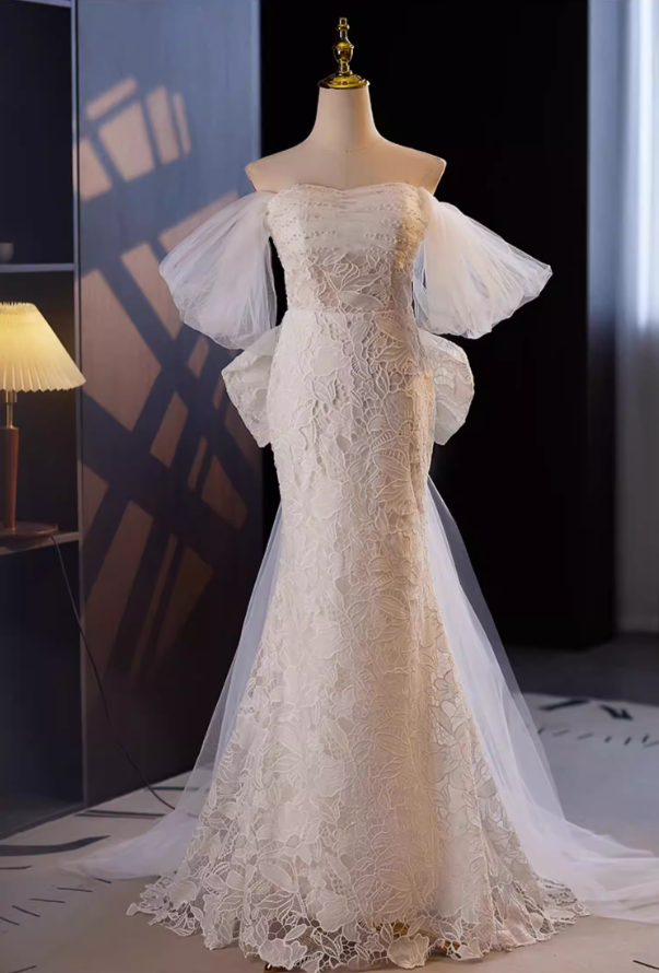 Modern Tulle Off-Shoulder Mermaid Bridal Gowns Bow Lace Beading Wedding Dress AP5643