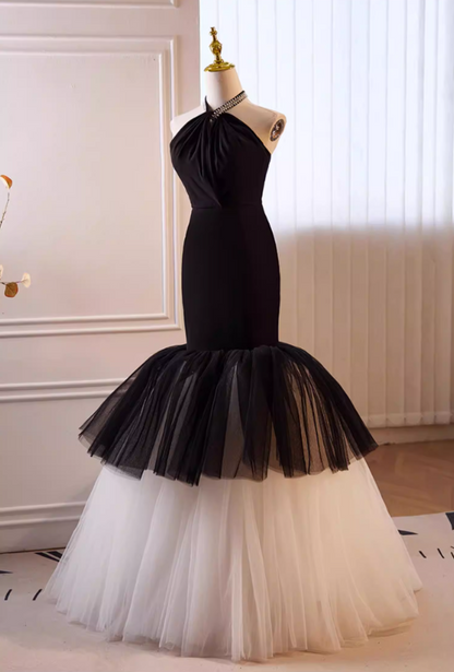 Sexy Tiered Tulle Formal Mermaid Dresses Beading Halter Neck Prom Dress AP5644