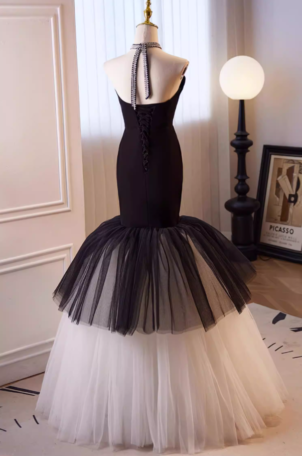 Sexy Tiered Tulle Formal Mermaid Dresses Beading Halter Neck Prom Dress AP5644
