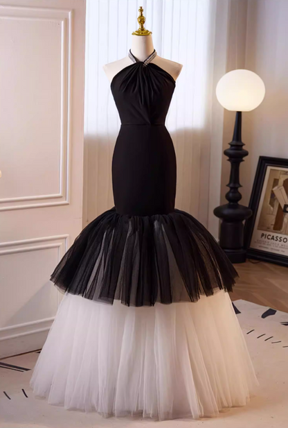 Sexy Tiered Tulle Formal Mermaid Dresses Beading Halter Neck Prom Dress AP5644