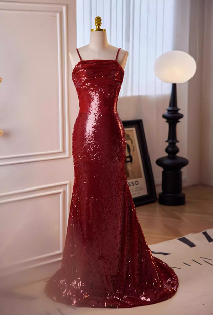Glittering Spaghetti Straps Mermaid Evening Dresses Red Sequins Prom Dress AP5645