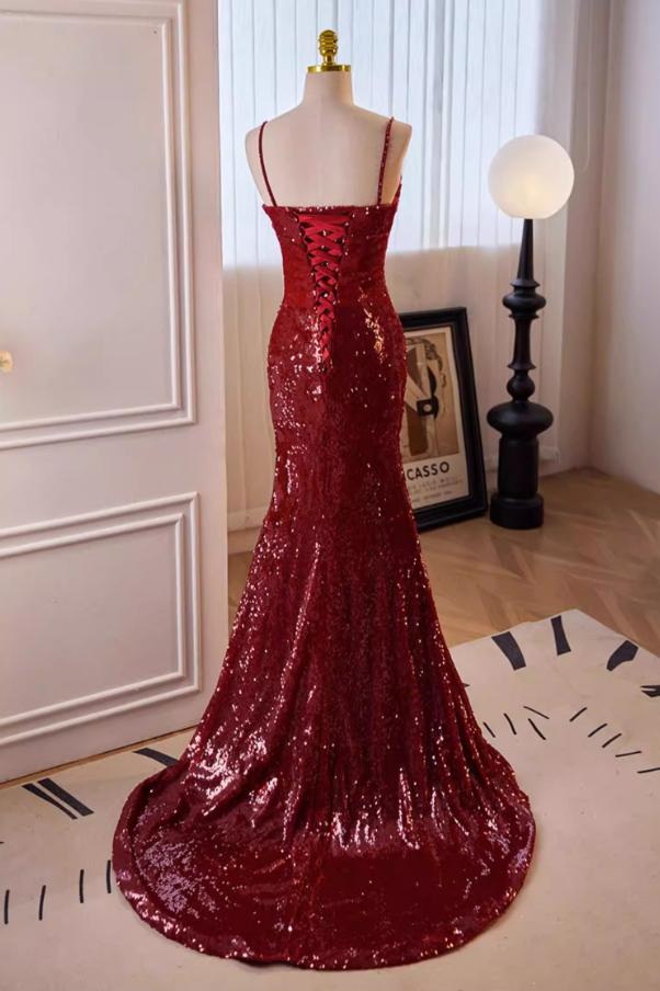 Glittering Spaghetti Straps Mermaid Evening Dresses Red Sequins Prom Dress AP5645