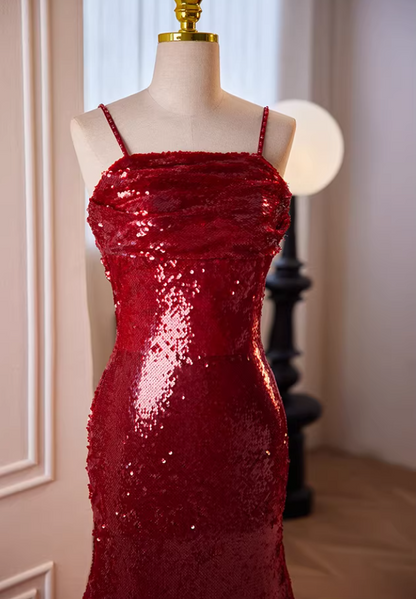 Glittering Spaghetti Straps Mermaid Evening Dresses Red Sequins Prom Dress AP5645