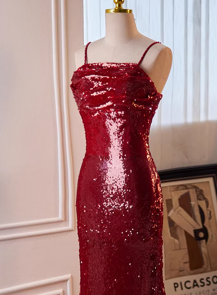 Glittering Spaghetti Straps Mermaid Evening Dresses Red Sequins Prom Dress AP5645