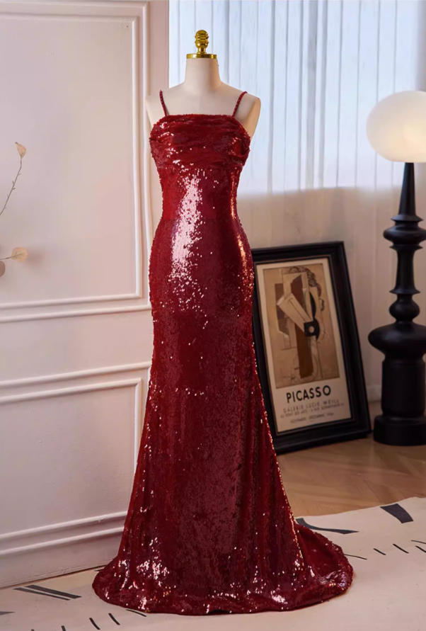 Glittering Spaghetti Straps Mermaid Evening Dresses Red Sequins Prom Dress AP5645