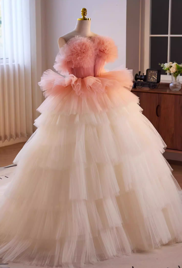 Princess Strapless A-Line Tiered Tulle Sweet 16th Gowns Handmade Flowers Prom Dress AP5646