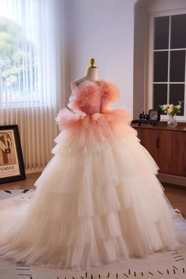 Princess Strapless A-Line Tiered Tulle Sweet 16th Gowns Handmade Flowers Prom Dress AP5646