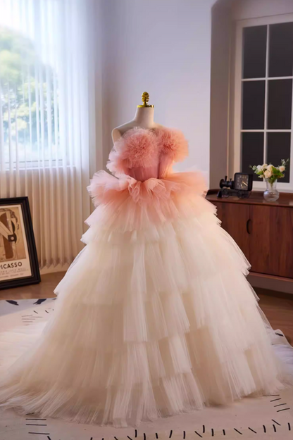 Princess Strapless A-Line Tiered Tulle Sweet 16th Gowns Handmade Flowers Prom Dress AP5646