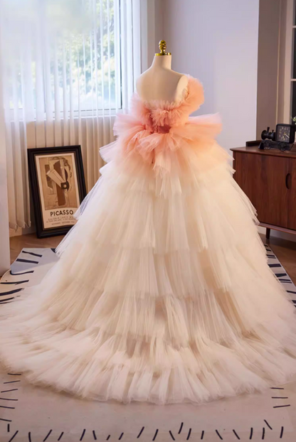 Princess Strapless A-Line Tiered Tulle Sweet 16th Gowns Handmade Flowers Prom Dress AP5646