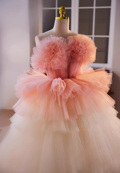 Princess Strapless A-Line Tiered Tulle Sweet 16th Gowns Handmade Flowers Prom Dress AP5646