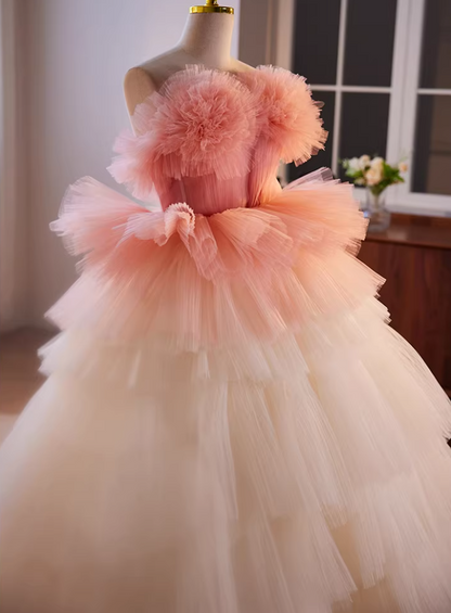 Princess Strapless A-Line Tiered Tulle Sweet 16th Gowns Handmade Flowers Prom Dress AP5646