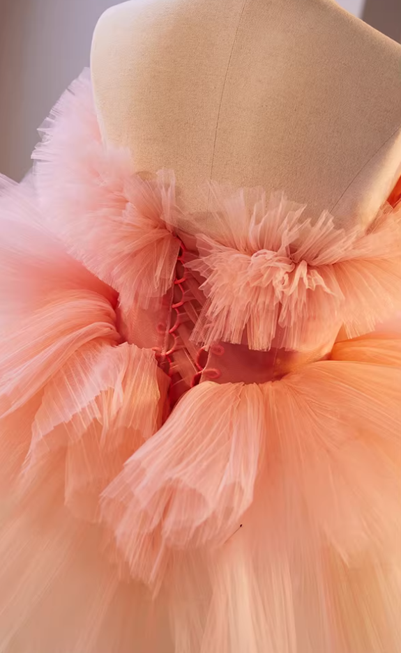 Princess Strapless A-Line Tiered Tulle Sweet 16th Gowns Handmade Flowers Prom Dress AP5646