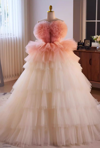 Princess Strapless A-Line Tiered Tulle Sweet 16th Gowns Handmade Flowers Prom Dress AP5646