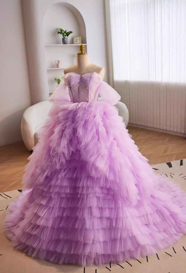 Pretty A-Line Off-Shoulder Tiered Tulle Evening Gowns Beads Purple Prom Dress AP5647