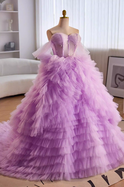 Pretty A-Line Off-Shoulder Tiered Tulle Evening Gowns Beads Purple Prom Dress AP5647