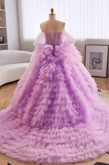 Pretty A-Line Off-Shoulder Tiered Tulle Evening Gowns Beads Purple Prom Dress AP5647