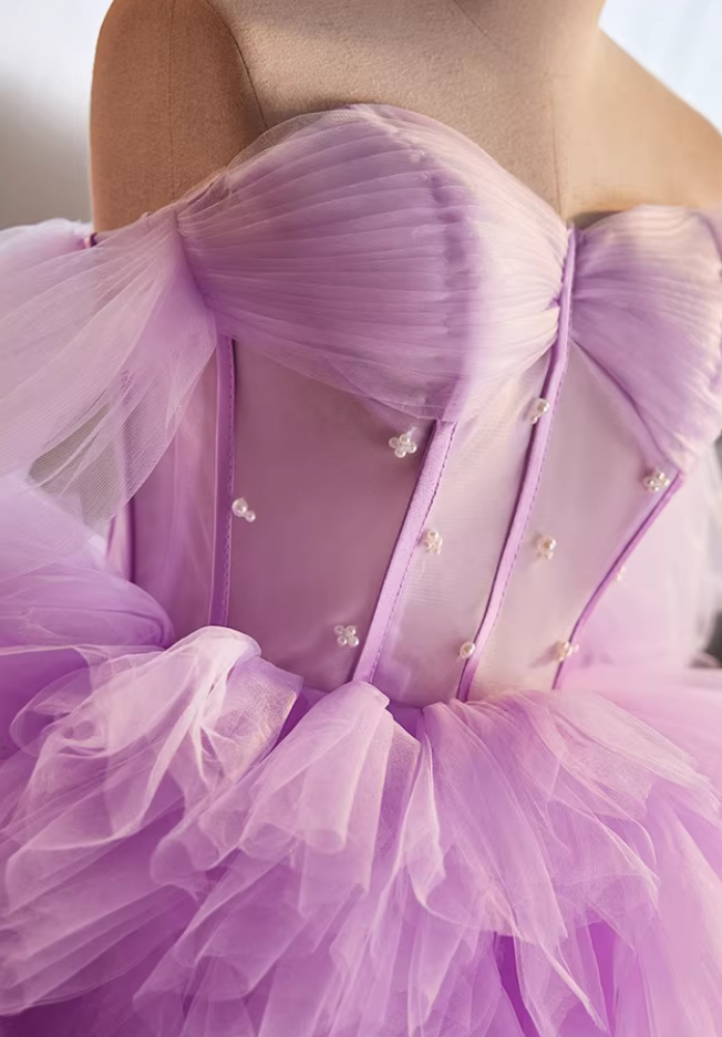 Pretty A-Line Off-Shoulder Tiered Tulle Evening Gowns Beads Purple Prom Dress AP5647