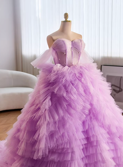 Pretty A-Line Off-Shoulder Tiered Tulle Evening Gowns Beads Purple Prom Dress AP5647
