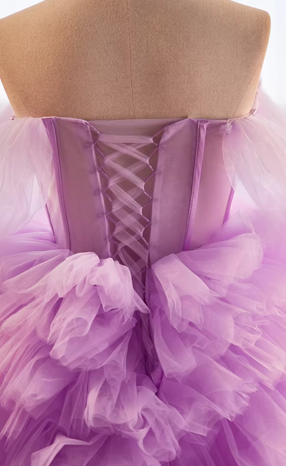 Pretty A-Line Off-Shoulder Tiered Tulle Evening Gowns Beads Purple Prom Dress AP5647