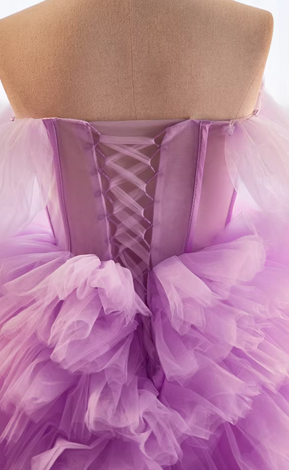 Pretty A-Line Off-Shoulder Tiered Tulle Evening Gowns Beads Purple Prom Dress AP5647
