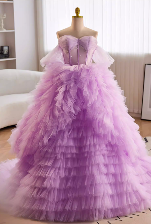 Pretty A-Line Off-Shoulder Tiered Tulle Evening Gowns Beads Purple Prom Dress AP5647