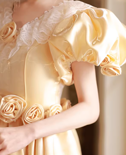 Maximalism A-Line V Neck Satin Sweet 16th Gowns Appliques Lace Puff Short Sleeve Prom Dress AP5648