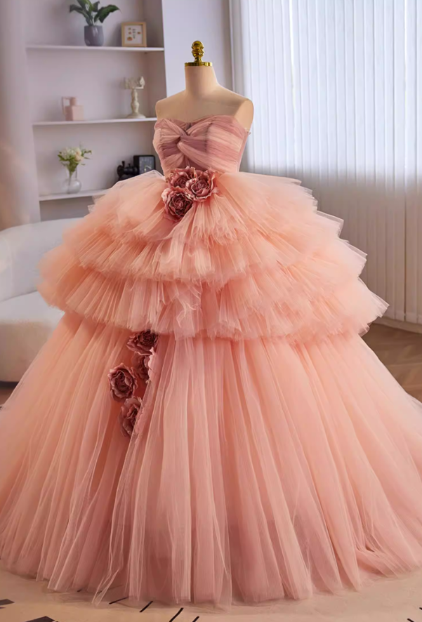 Fancy Strapless A-Line Sweet 16th Gowns Tiered Tulle Handmade Flower Prom Dress AP5649