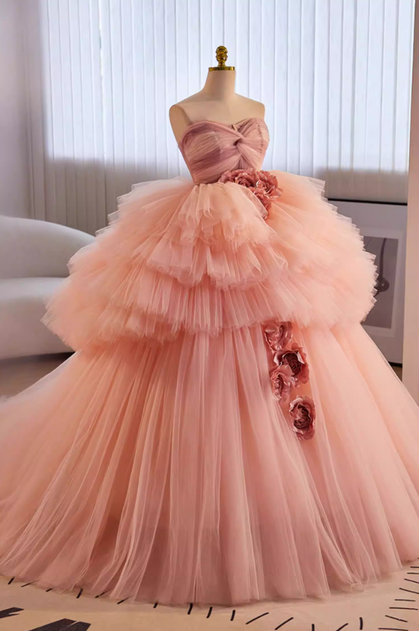 Fancy Strapless A-Line Sweet 16th Gowns Tiered Tulle Handmade Flower Prom Dress AP5649
