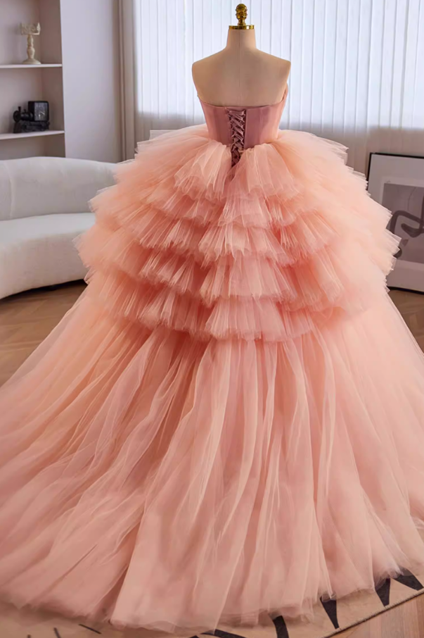 Fancy Strapless A-Line Sweet 16th Gowns Tiered Tulle Handmade Flower Prom Dress AP5649